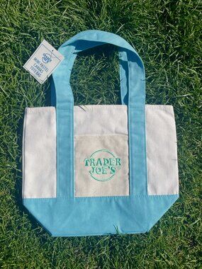 Trader Joe’s Mini Canvas Tote 2026 Spring Drop Blue Straps & Teal Embroidery